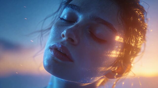 Posing woman holding eyes closed in studio moving light streaks making dewy sparks for beauty shot