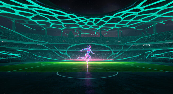 Holographic player figure in a futuristic stadium. Virtual sport and advanced digital technology in gaming. Data visualization of a soccer match.