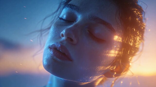 Holding pose woman eyes-closed in studio while blue fill, warm rim gliding as droplets shimmering
