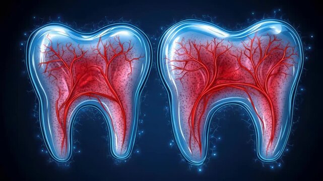 Transparent teeth anatomy with nerves and blood vessels visualization