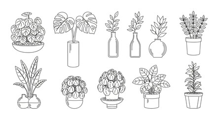 Obraz premium Botanical illustrations, plant set, potted plants, line art