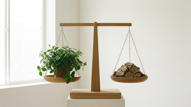 Wooden scale balancing green plant and dry cracked soil symbolizing environmental balance and sustainability in bright room