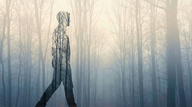 Silhouette walking forest trees with foggy atmosphere creating mysterious and calm mood in natural environment