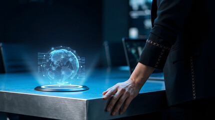 Fototapeta premium Hand interacting with futuristic holographic globe and digital blockchain interface in dark tech environment