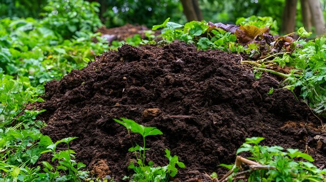 A vibrant sustainable compost heap showing rich earthy soil and vibrant greenery