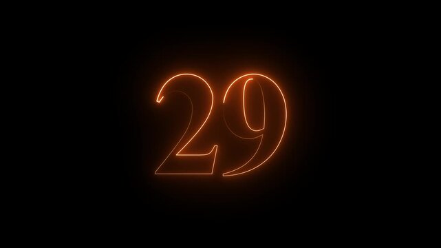 Futuristic neon number 29 animation, glowing numeric digits forming smoothly from light trails, vibrant energy pulses surrounding the number, sleek cyberpunk style, dynamic illumination effects..