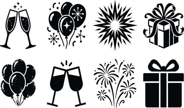 Collection of celebration and holiday silhouettes featuring champagne glasses balloons firework bursts and decorated gift boxes isolated on white background