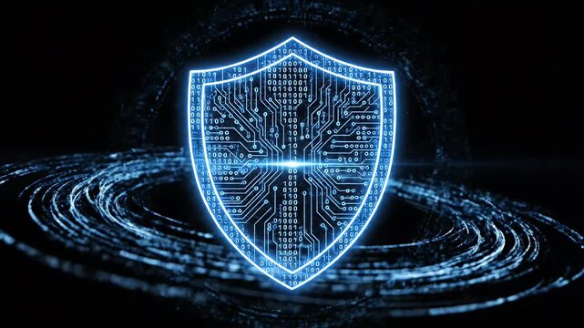 A futuristic, glowing shield icon radiates intense light against a dark, abstract background, suggesting protection and advanced technology.