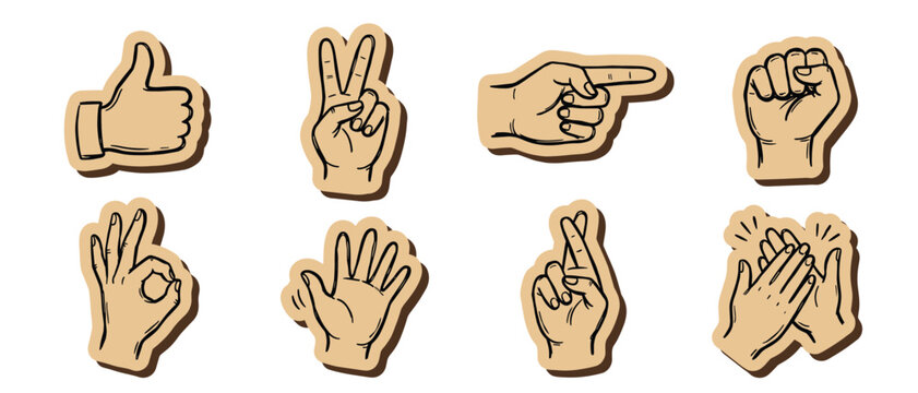Hand Gesture Sticker Set. Flat design human hand sign icon collection on kraft paper scrapbook background featuring thumbs up, peace and fist for communication design.