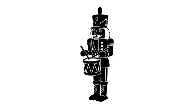 Nutcracker Drummer: A striking black silhouette of a nutcracker soldier, depicted mid-stride, resolutely beating a drum, embodying a sense of festive tradition and holiday spirit.