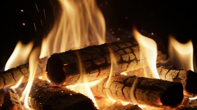 Burning stack of split logs showing flames swelling from glowing embers against dark backdrop