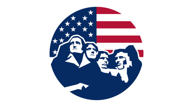 American flag design with mount rushmore presidents in a circular emblem