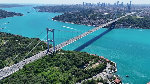 Aerial view of the turquoise Bosphorus and bridges, featuring a unique Istanbul cityscape on a summer day (D-Log unprocessed footage).
