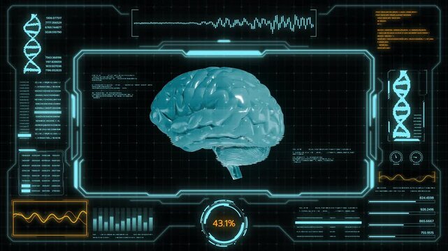 Futuristic neuroscience interface displaying 3D human brain scan with DNA sequencing data, biometric analytics, holographic HUD elements, medical technology dashboard, cyber healthcare visualization.