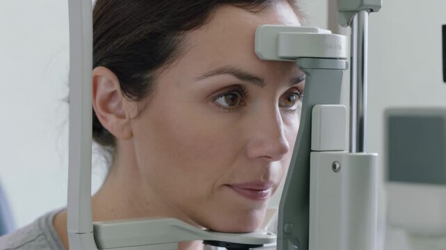 Lowering adult woman placing chin rest and forehead support at eye clinic, aligning right eye