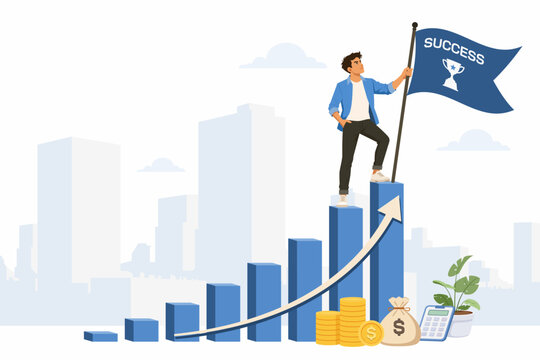 Entrepreneur holding victory flag on growth graph peak for startup business success concept