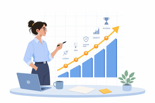 Person connecting dots into rising growth trend line for startup business strategy concept