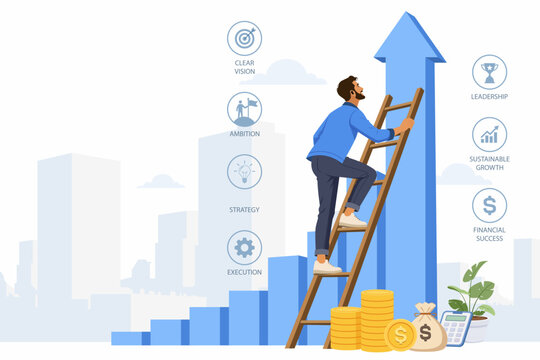 Startup founder climbing ladder on financial growth chart for business success concept