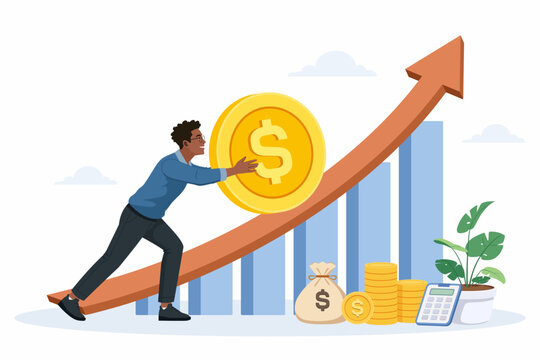Person pushing coin into financial growth graph for startup capital investment concept