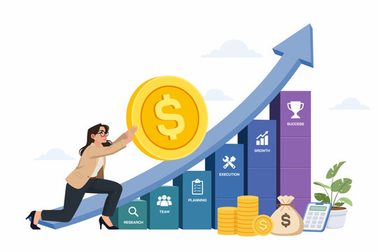 Person pushing coin into financial growth graph for startup capital investment concept