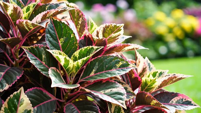 Close up of variegated leaves in sunny summer garden