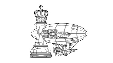 Steampunk Airship and Chess King Outline - Vintage Strategy Concept © Akun