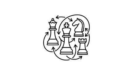 Chess Strategy Icon: King, Knight, Rook, Flowing Arrows - Business Plan Concept © Akun