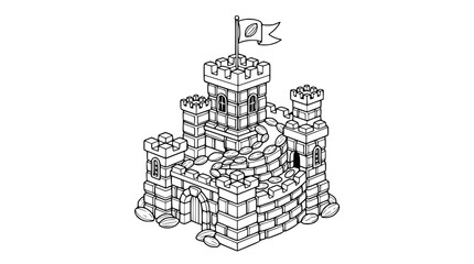 Hand-drawn castle illustration with flag, isometric view, black and white drawing. © Akun