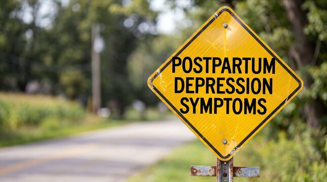 Yellow Road Sign Warning About Postpartum Depression Symptoms Outdoors
