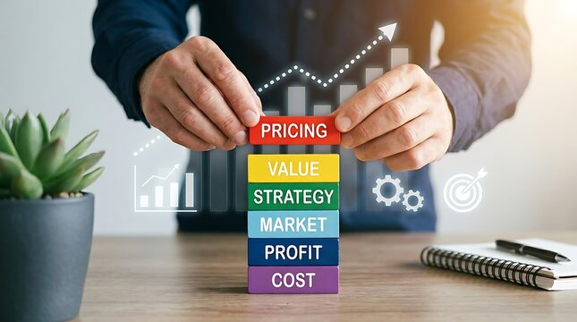 Pricing Strategy for business success, person carefully stacking conceptual blocks towards market value and profit optimization.