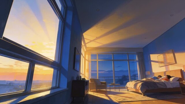 Filling dawn through windows in high-rise bedroom, lens flare waking couple in duvet, copy space