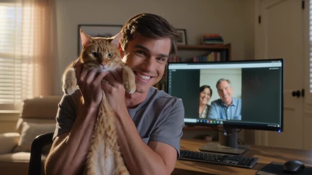 Showing man at home desk call starting lifting orange tabby cat toward camera for seniors