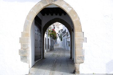 Obraz premium A view through the historic stone archway known as the Little Arch of Bread looking towards a charming cobblestone street lined with traditional white houses in Zafra, Spain.