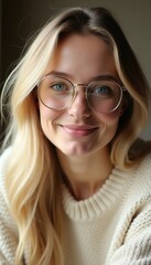 Obraz premium Young blonde woman with blue eyes wears modern glasses, cream sweater. She smiles gently indoors, looking relaxed, happy, radiating warmth, approachable style for fashion or lifestyle content.