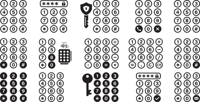 Detailed collection of numeric keypad button sets for secure access control systems and calculator interfaces presented on transparent background