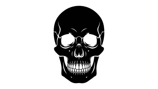 Grim Visage: A stark, black silhouette of a human skull, its empty sockets and bared teeth exuding an aura of mortality and mystery.