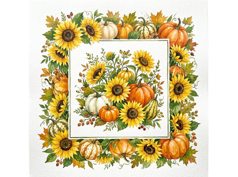 Vibrant watercolor painting featuring a decorative square frame of bright yellow sunflowers and assorted orange pumpkins with autumn leaves and seasonal berries arranged in a beautiful artistic compos