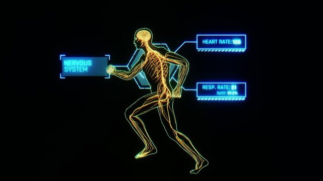 Futuristic human skeleton running with neon blue data flow and network connections in a dark background, representing technology and motion graphic concepts for animation background