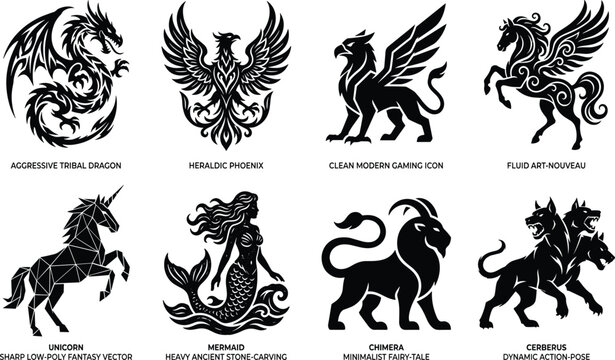 Collection of fantasy mythological creature silhouettes including dragon heraldic phoenix griffin pegasus low-poly unicorn mermaid chimera and three-headed cerberus dog