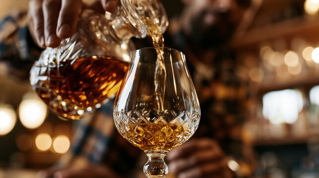 Premium brandy poured from a crystal decanter into a tasting glass, showcasing aged spirits, luxury hospitality, refined drinking culture, celebration, and fine dining experiences