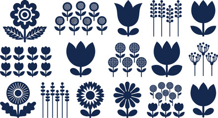 Scandinavian Style Floral Vector Icon Set Featuring Minimalist Botanical Silhouettes Monochromatic Indigo Blue Flower Designs and Folk Art Elements for Branding and Textiles] © MARKNIS