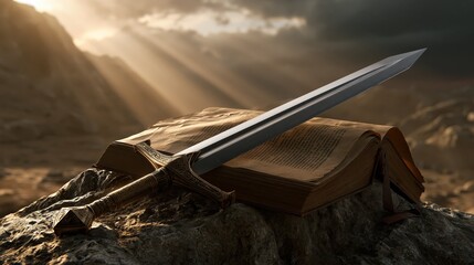 Obraz premium Bible and Sword Representing Faith, Strength and Protection
