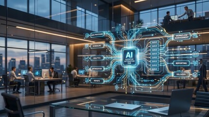 Fototapeta premium A conceptual 3D visualization of an AI cognitive automation hub interface floating in a modern high-tech office, representing business intelligence and digital transformation.