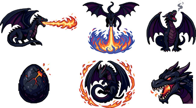 Fantasy Black Dragon Cartoon Vector Set Featuring Fire Breathing Wyverns Roaring Monsters Magic Spells and Cracked Lava Dragon Egg Illustrations