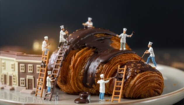 クロワッサンとミニチュア職人。チョコを塗るコックのジオラマ写真。お菓子の世界。Croissant and miniature chefs. Pastry workers applying chocolate diorama concept.