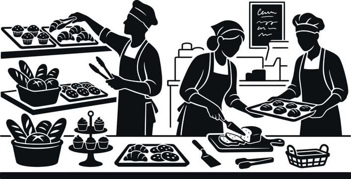 Silhouette of bakers in kitchen preparing assorted bread and pastries on white background in black silhouette style