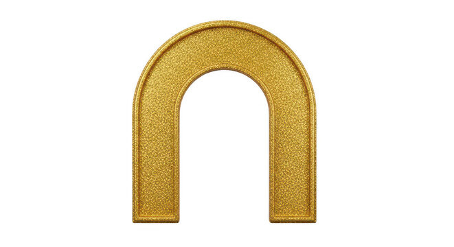 Shiny gold glitter letter n with a bright metallic texture and a rounded arch shape for typography isolated on transparent background