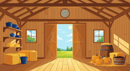 Wooden barn interior vector illustration with open doors showing sunny green summer field landscape © Purnomo