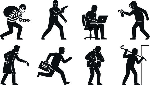 Criminal Thief and Cyber Hacker Silhouette Icon Set Featuring Burglary Robbery Pickpocketing Cybercrime Shoplifting and Vandalism Vector Pictogram Symbols\