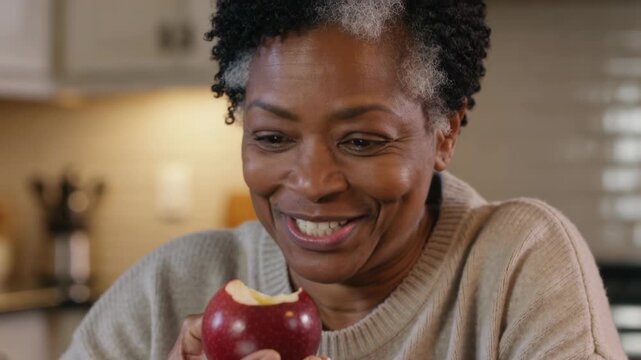 Holding red apple, senior woman in beige sweater taking bite at kitchen table watching tablet